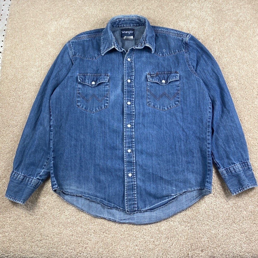 Wrangler Mens Western Denim Pearl Snap Shirt‎ Blue Long Sleeve MS741DD Large